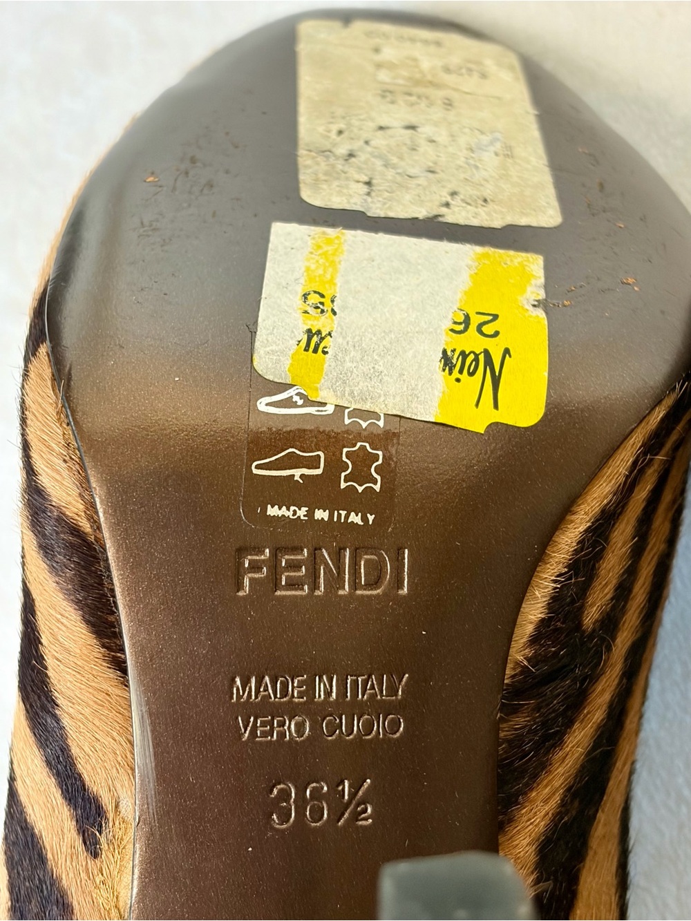 Fendi Calfhair Zebra Peep-Toe Heel, Gold Flagship Emblem, 36.5, some balding - Picture 14 of 16